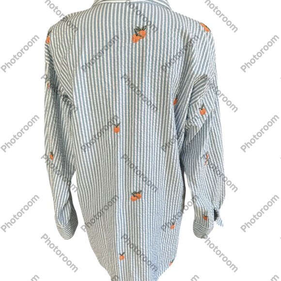 Loft Medium Blue & White Striped Orange Seersucker Long Sleeve Shirt - Picture 3 of 5
